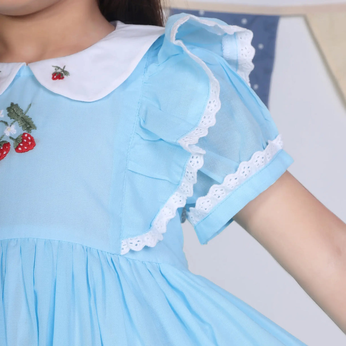 Close-up of the embroidery, ruffle, and collar details on the blue cotton puffed sleeves dress."