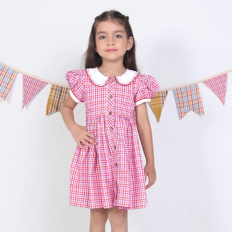A girl dressed in a pink checked embroidered cotton puffed sleeves dress.