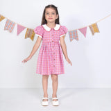 A girl dressed in a pink checked embroidered cotton puffed sleeves dress.