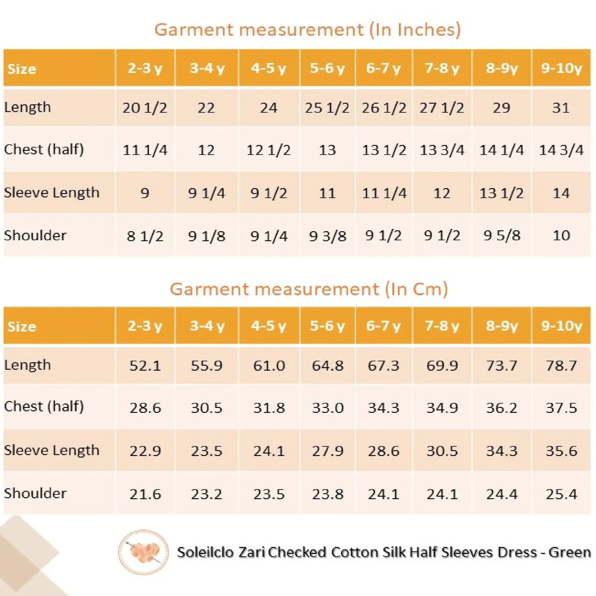 "Size chart for the green zari checked cotton silk half sleeves dress."