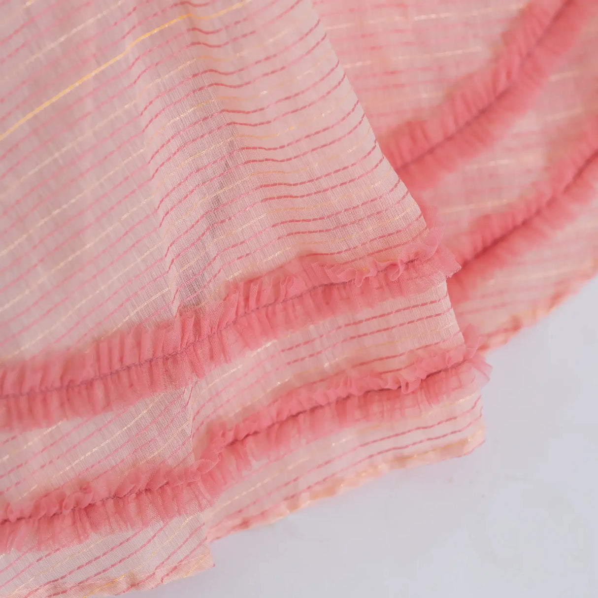"Close-up of the tulle ruffles on the pink crossover chanderi puffed sleeves dress."