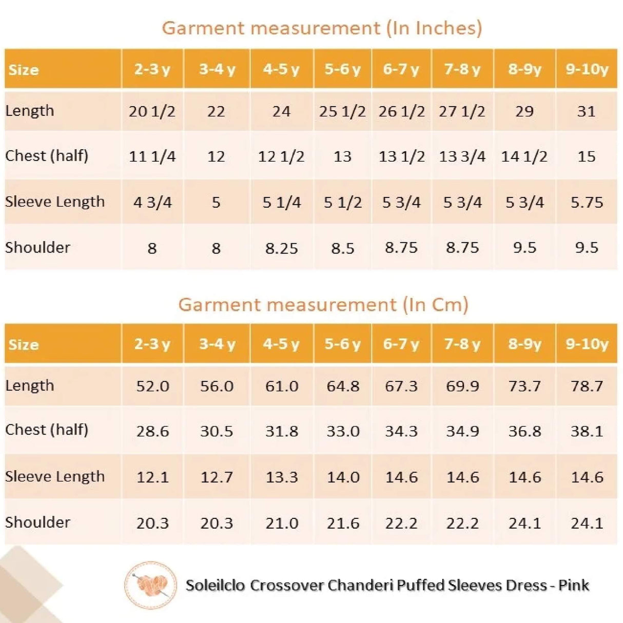 "Size chart for the pink crossover chanderi puffed sleeves dress."
