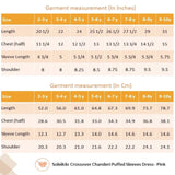 "Size chart for the pink crossover chanderi puffed sleeves dress."