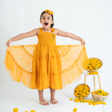 Mustard Midi Ruffle Tulle Strappy Girls Dress