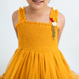 Mustard Midi Ruffle Tulle Strappy Girls Dress