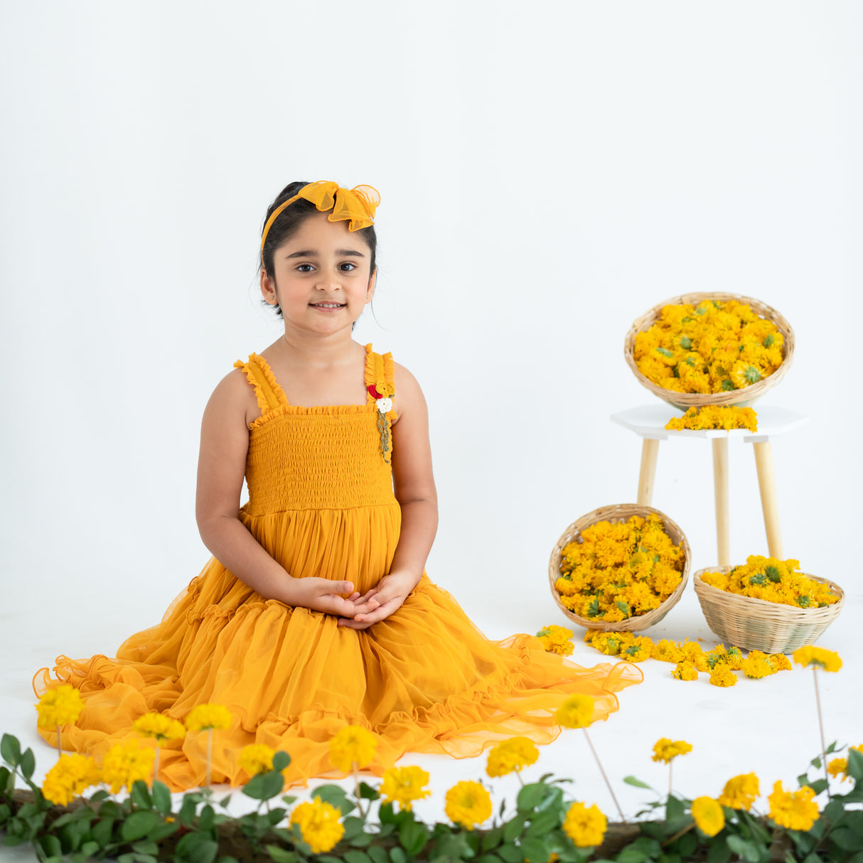 Mustard Midi Ruffle Tulle Strappy Girls Dress