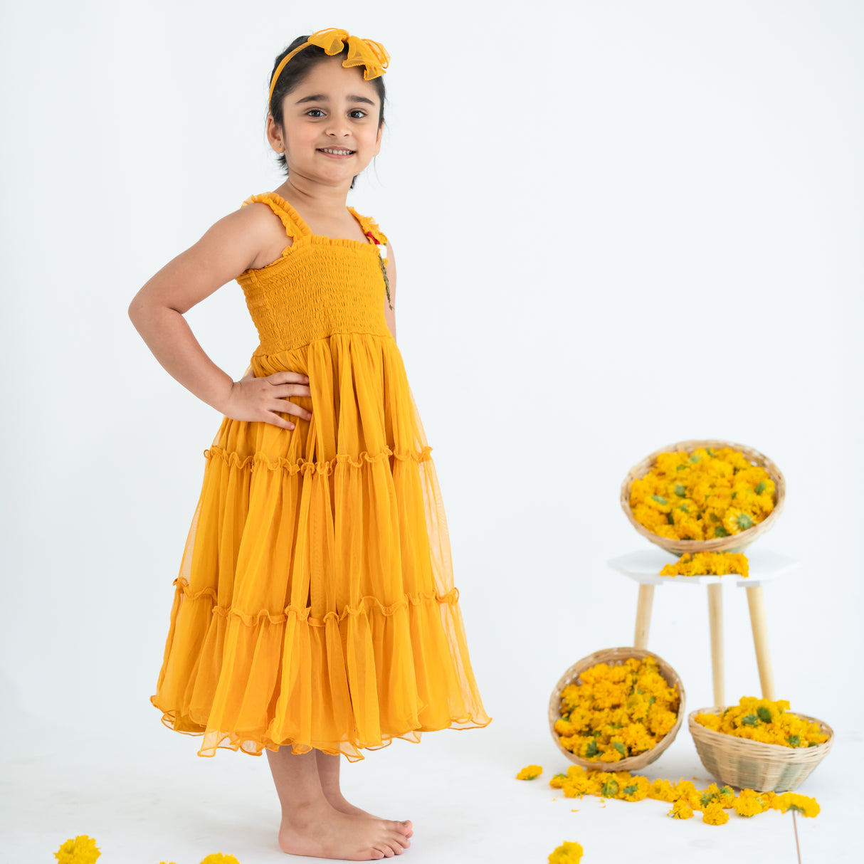 Mustard Midi Ruffle Tulle Strappy Girls Dress