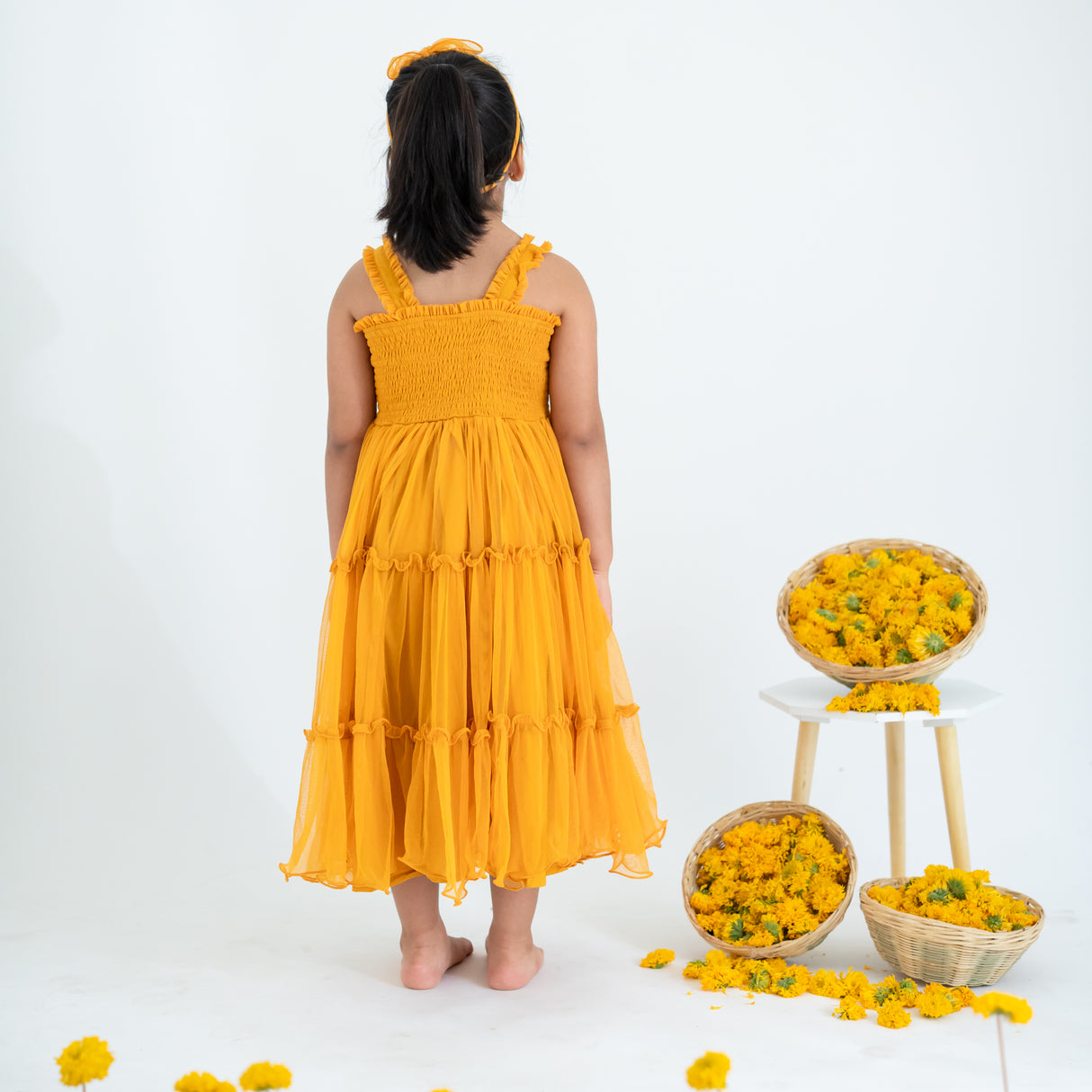 Mustard Midi Ruffle Tulle Strappy Girls Dress