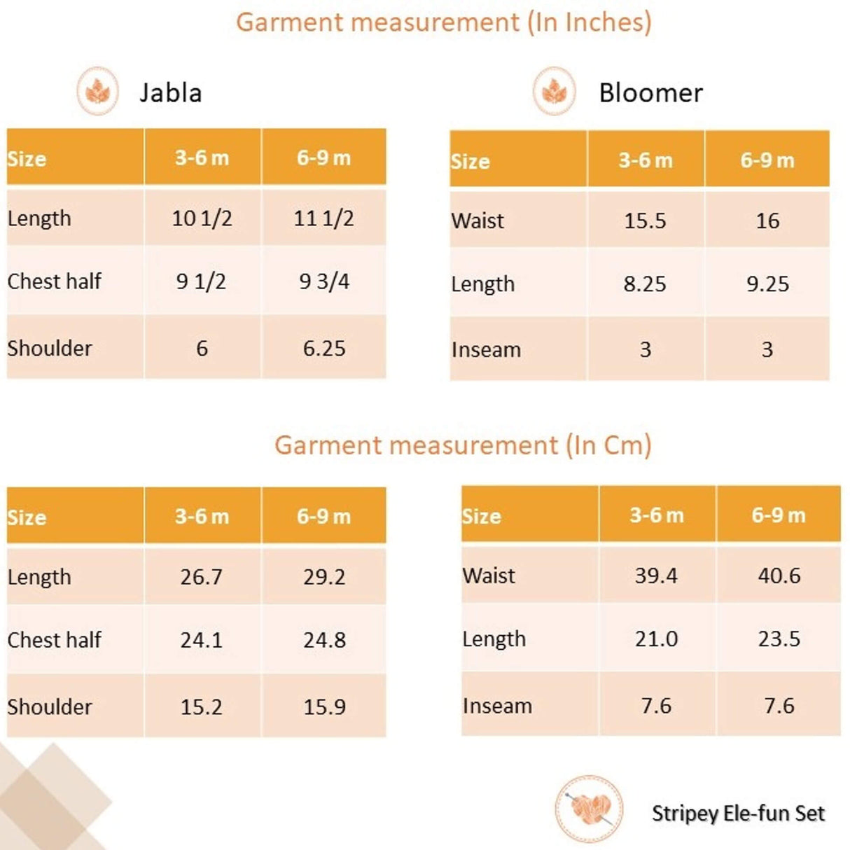 Size chart of white hand-embroidered jabla and bloomer set from Soleilclo.