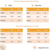 Size chart of white hand-embroidered jabla and bloomer set from Soleilclo.