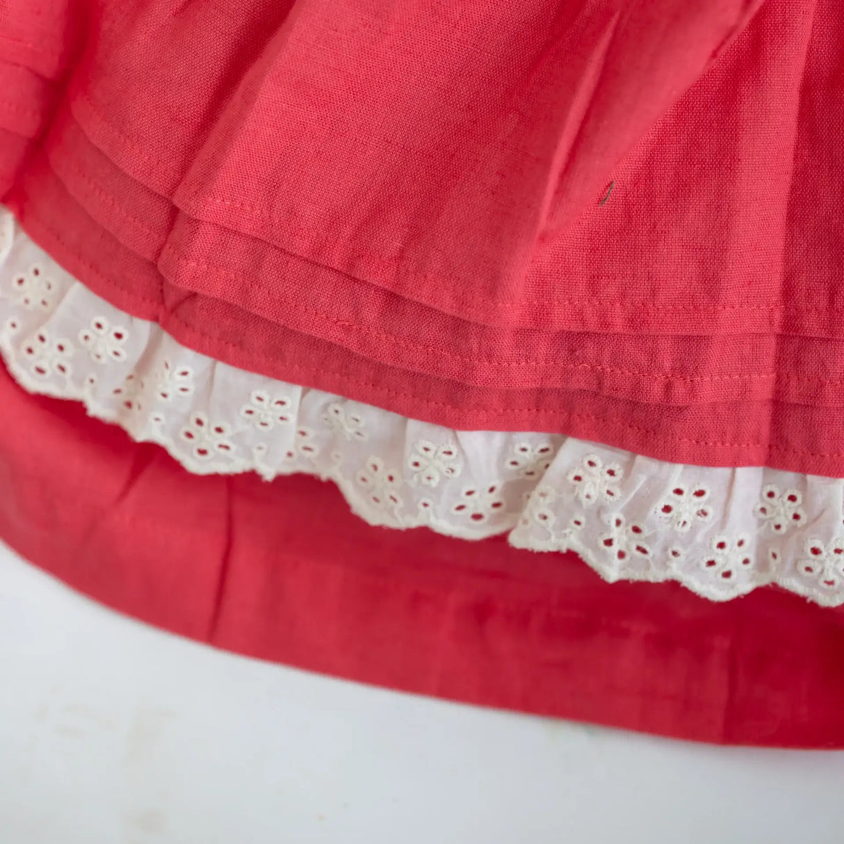 "Close-up of the pleated and lace details in the coral pleated yoke embroidered cotton dress."