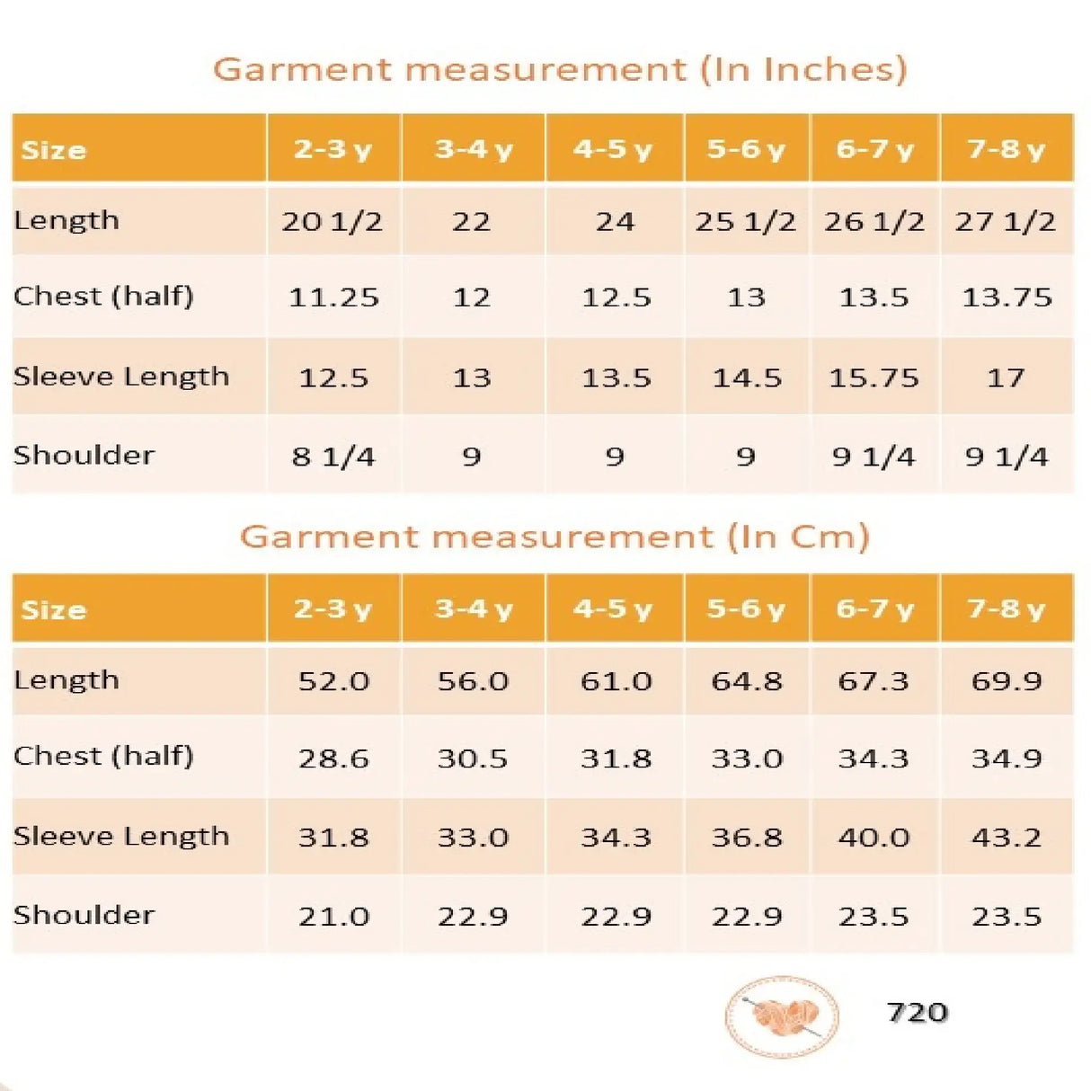 "Size chart of the coral pleated yoke embroidered cotton long sleeves dress."