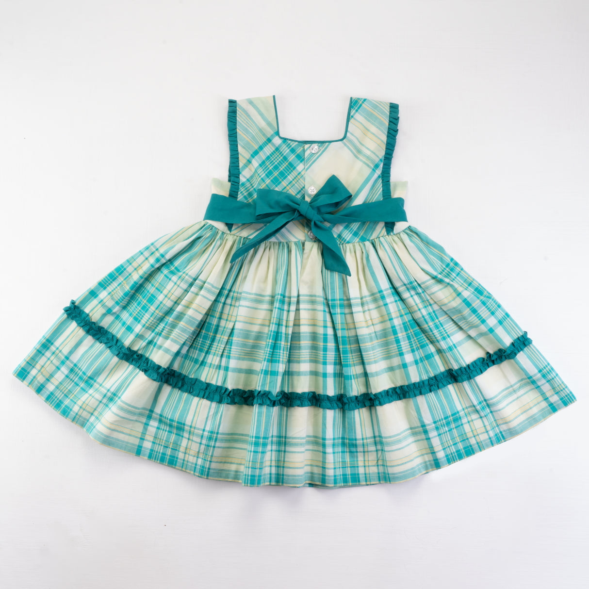 Back View of the green plaid cotton dress