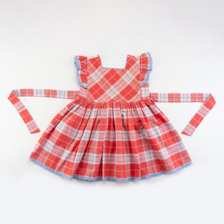 Front view of red & ivory plaid cotton dress.