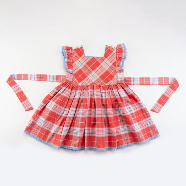 Front view of red & ivory plaid cotton dress.
