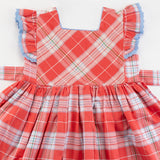 Close-up of the bodice of the red & ivory plaid cotton dress