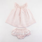 Front view of pink bishop and bloomer set