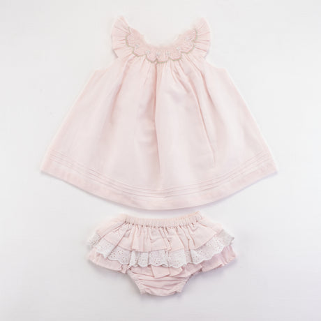 Front view of pink bishop and bloomer set