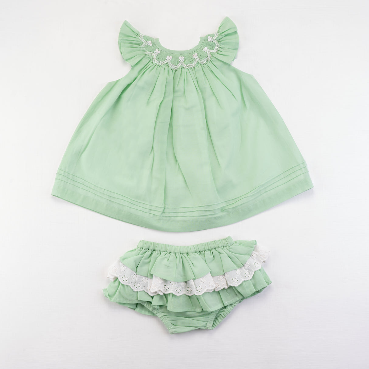 Front view of green bishop and bloomer set