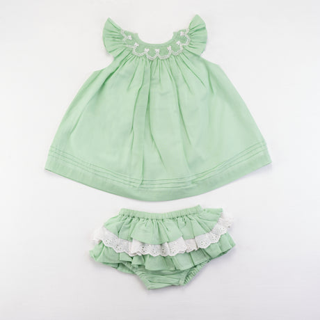 Front view of green bishop and bloomer set