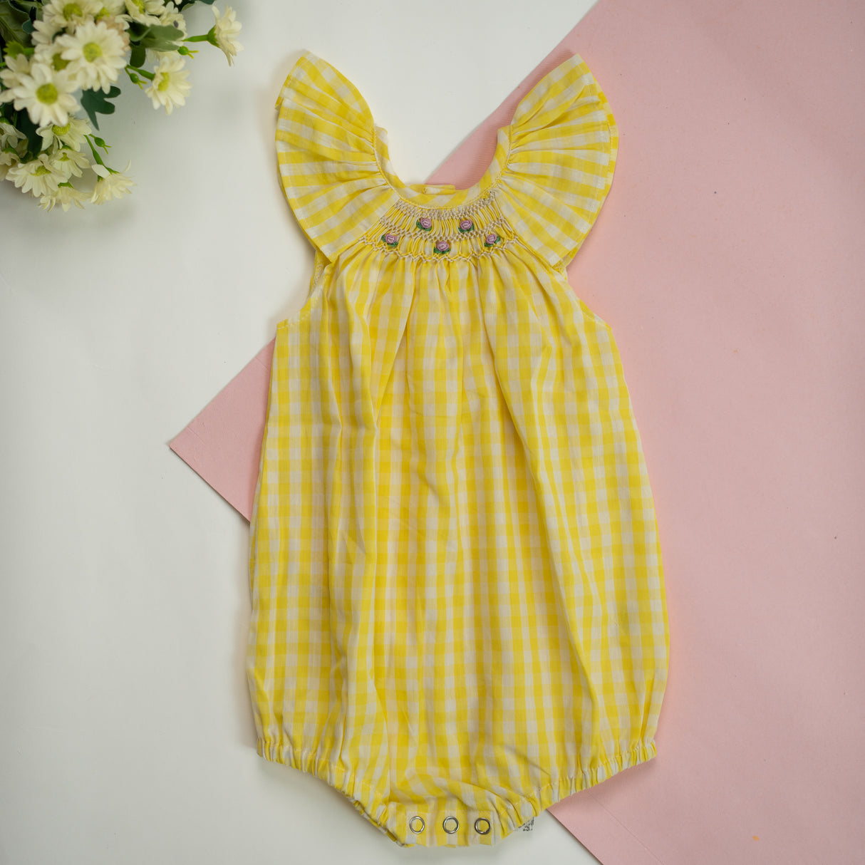 Soleilclo Hand Smocked Gingham Printed Baby Girl Onesie- Yellow