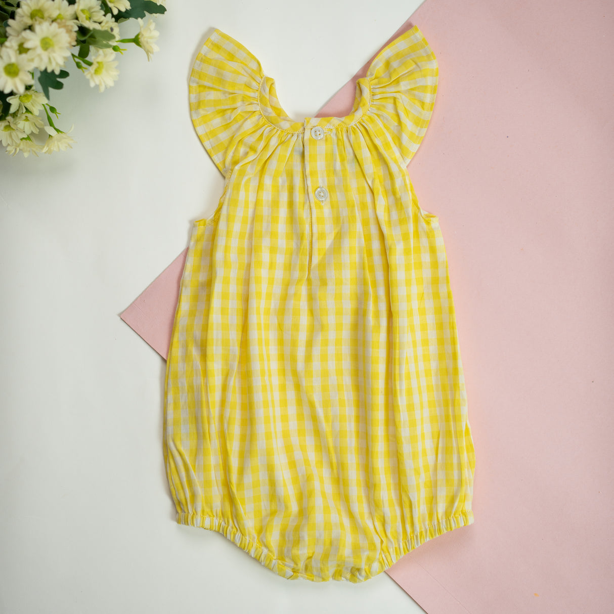 Soleilclo Hand Smocked Gingham Printed Baby Girl Onesie- Yellow