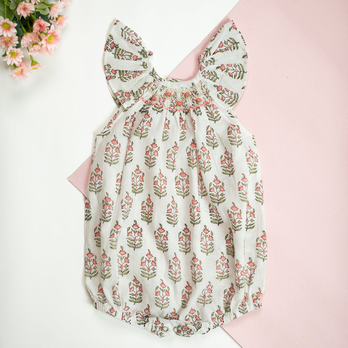Soleilclo Hand Smocked Floral Printed Baby Girl Onesie- Ivory