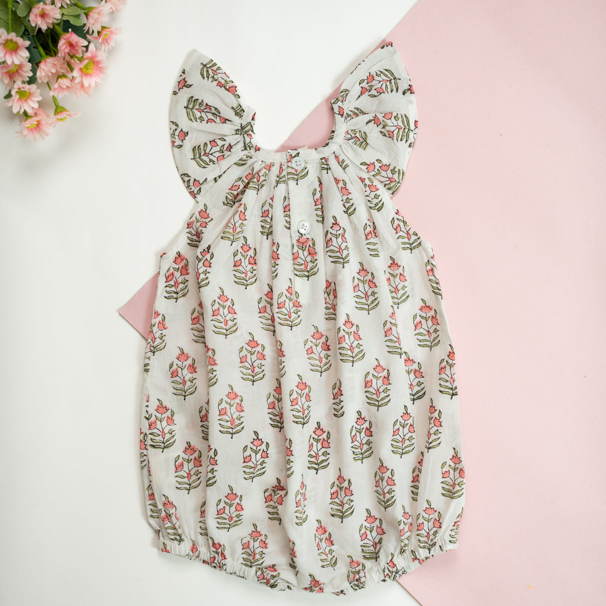 Soleilclo Hand Smocked Floral Printed Baby Girl Onesie- Ivory