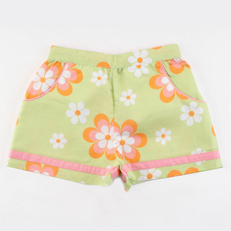 Front view of green floral print shorts