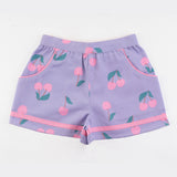 Front view of lilac & cherry print shorts