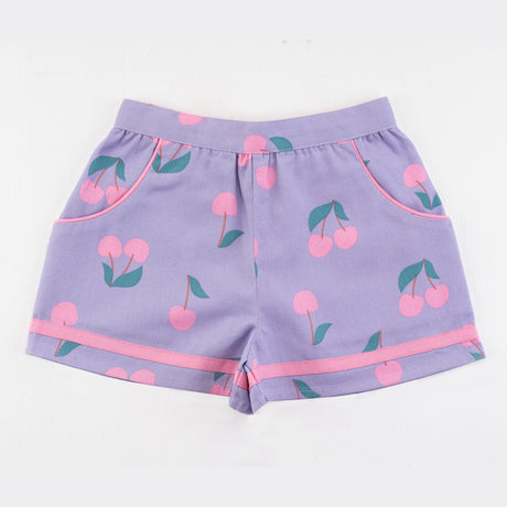 Front view of lilac & cherry print shorts