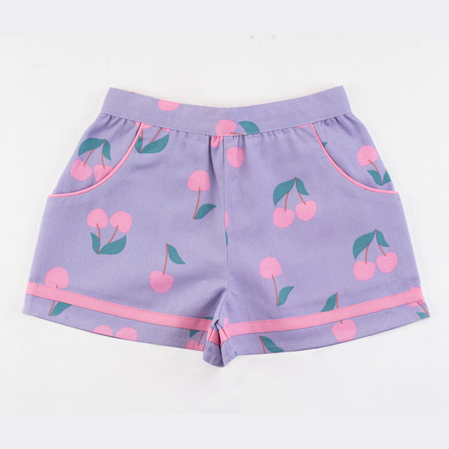 Front view of lilac & cherry print shorts