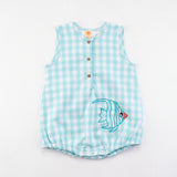 Aqua Checks Unisex Baby Onesie With Fish Embroidery