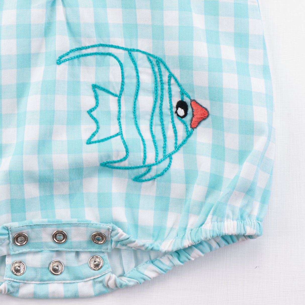 Aqua Checks Unisex Baby Onesie With Fish Embroidery