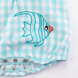 Aqua Checks Unisex Baby Onesie With Fish Embroidery