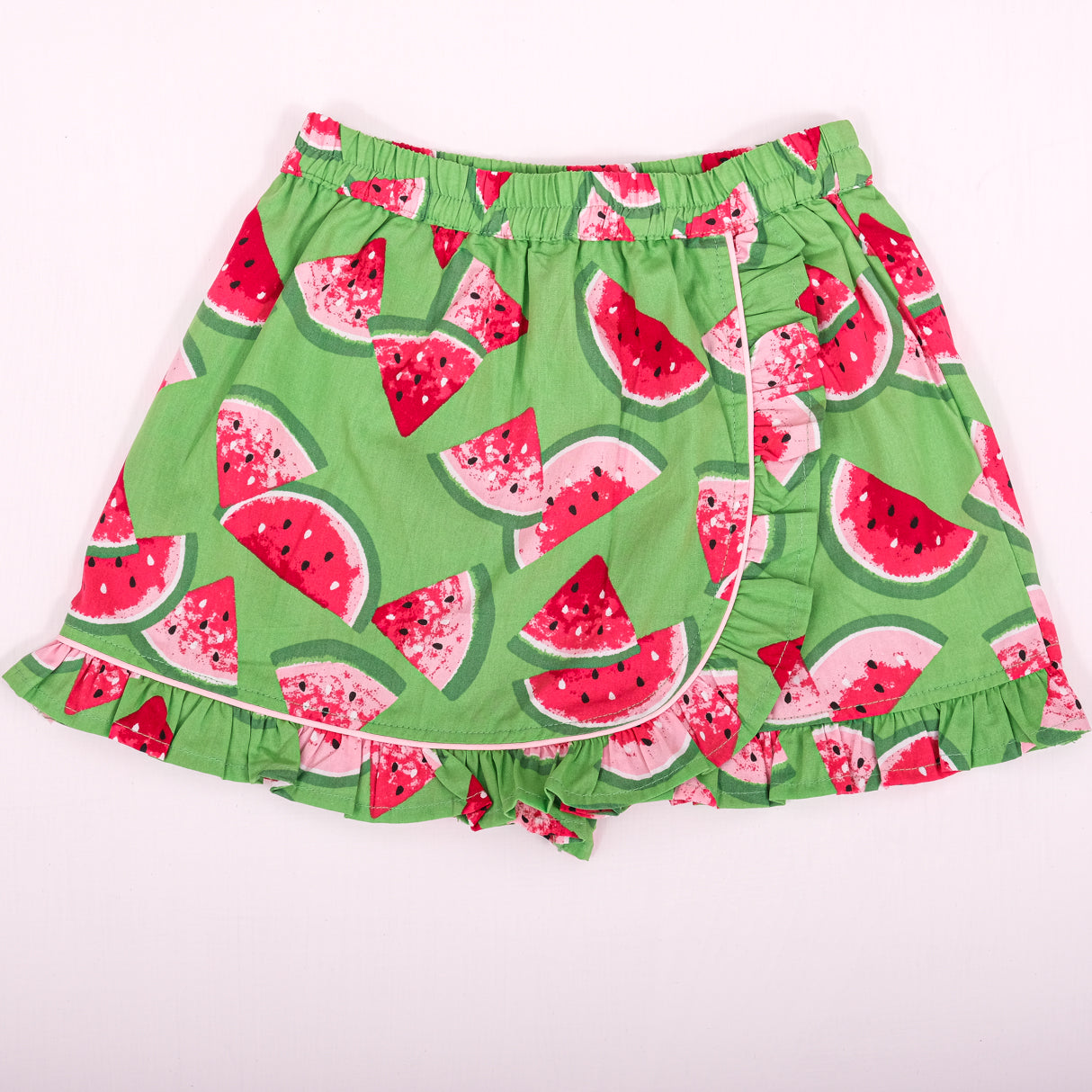 a watermelon printed girls skort with ruffled hem