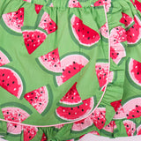 closeup of waistband and ruffle hem details on green watermelon skort