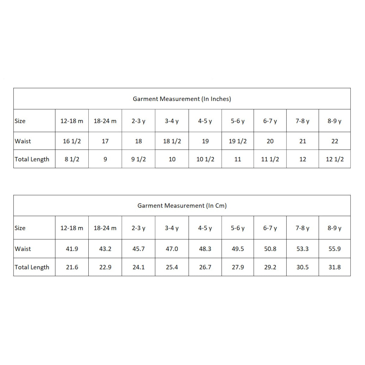 size chart of green watermleon printed girls skort