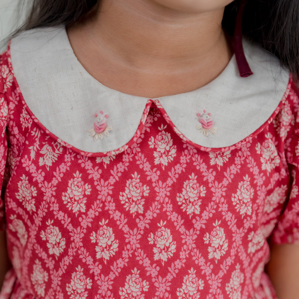 closeup of the mebroidery detail on peter pam collar of the red vintage rose print dress