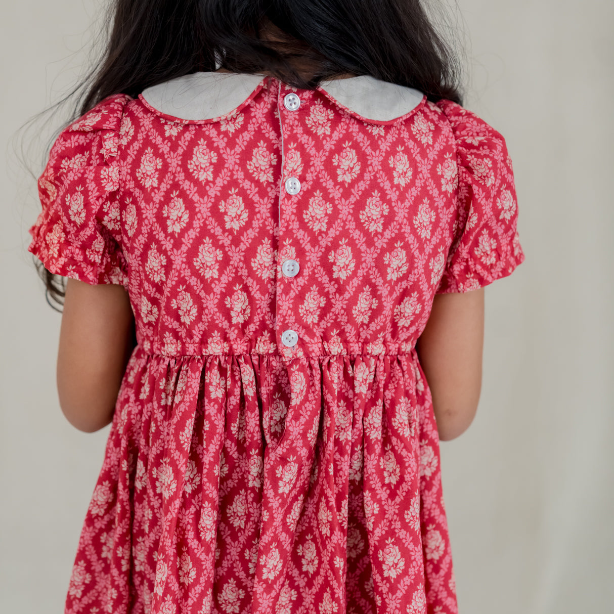 closeup of the back buttons of the red vintage rose print dress