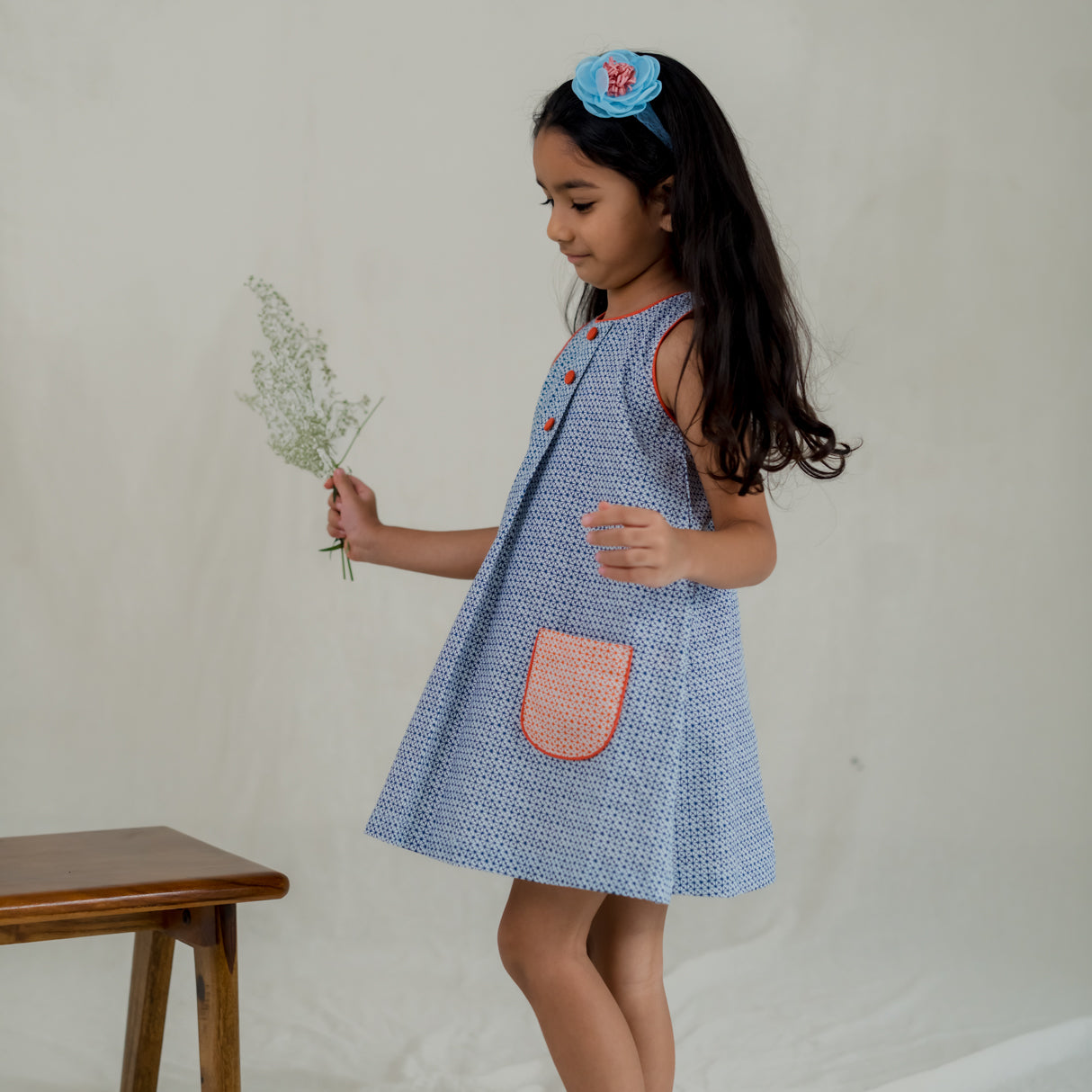 side view of blue print a line dress