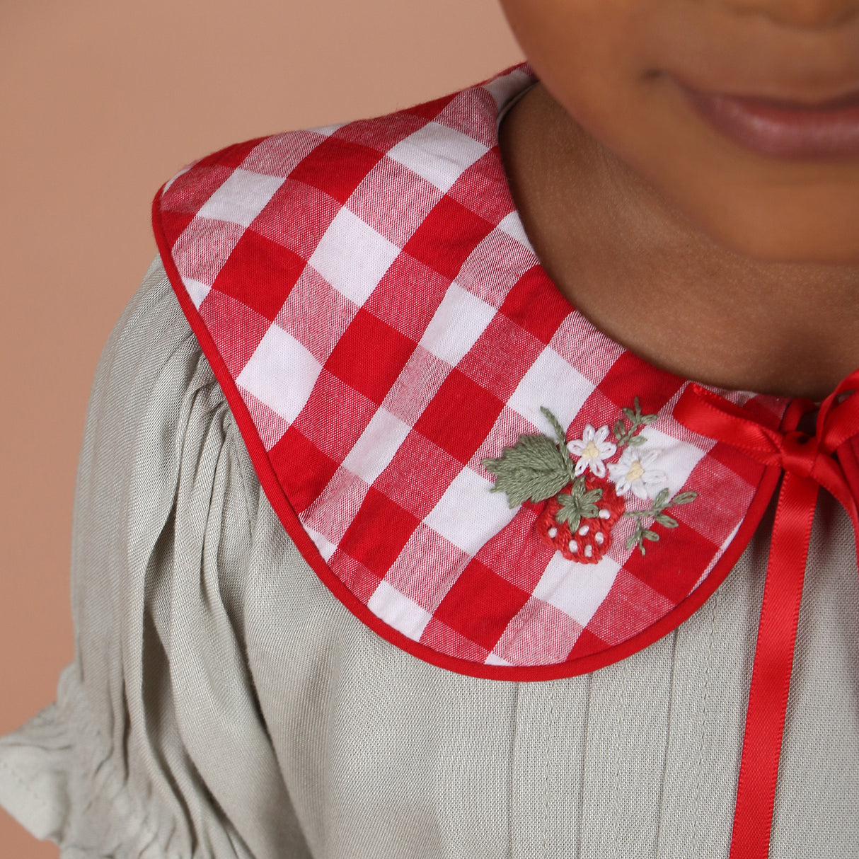 close-up of red gingham collar with strawberry hand embroidery