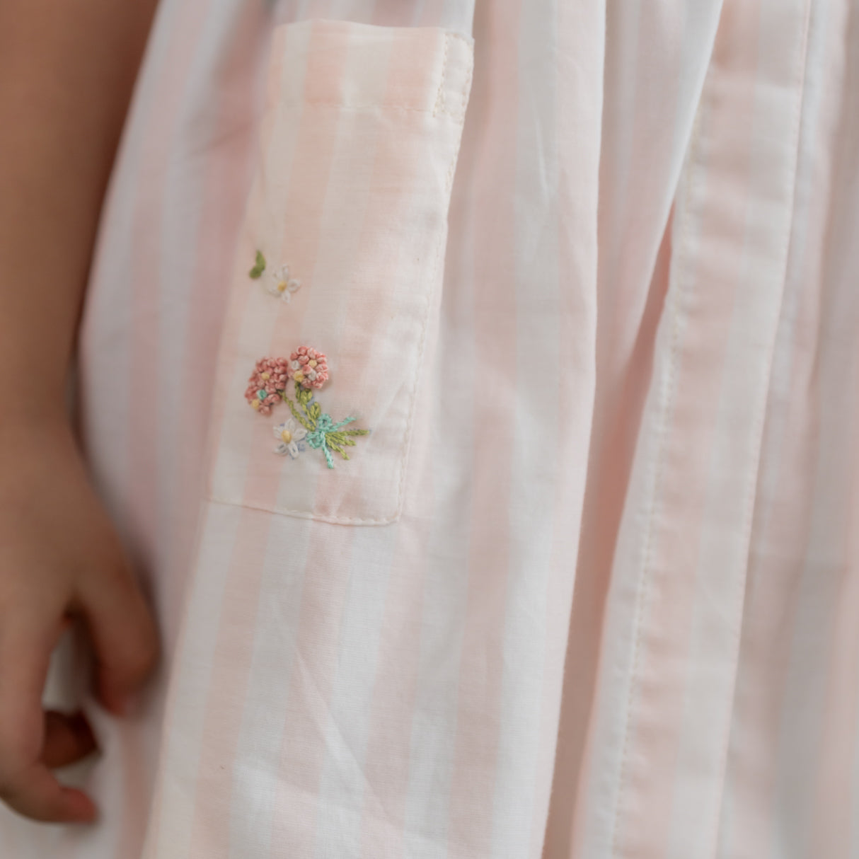 close-up of embroidered pocket detail on skirt