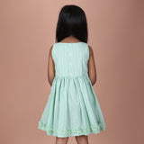 Back view of mint green sleeveless dress with back button closure