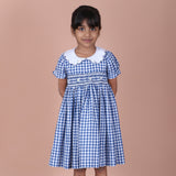 Royal Blue Daisy Embroidered Smocked Gingham Dress