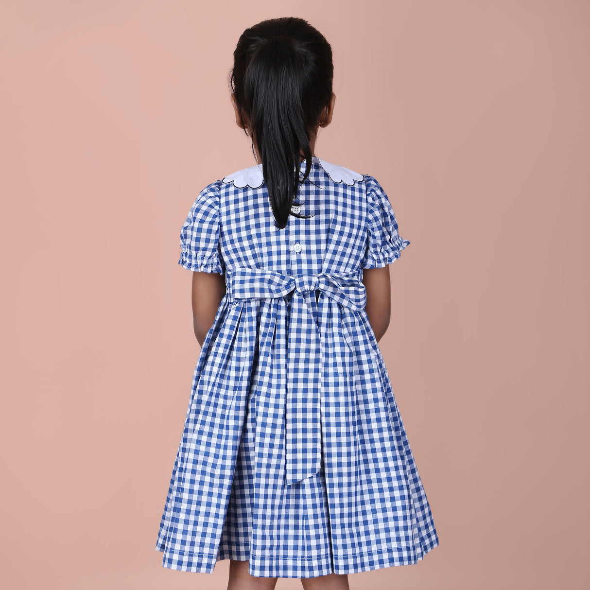 Royal Blue Daisy Embroidered Smocked Gingham Dress