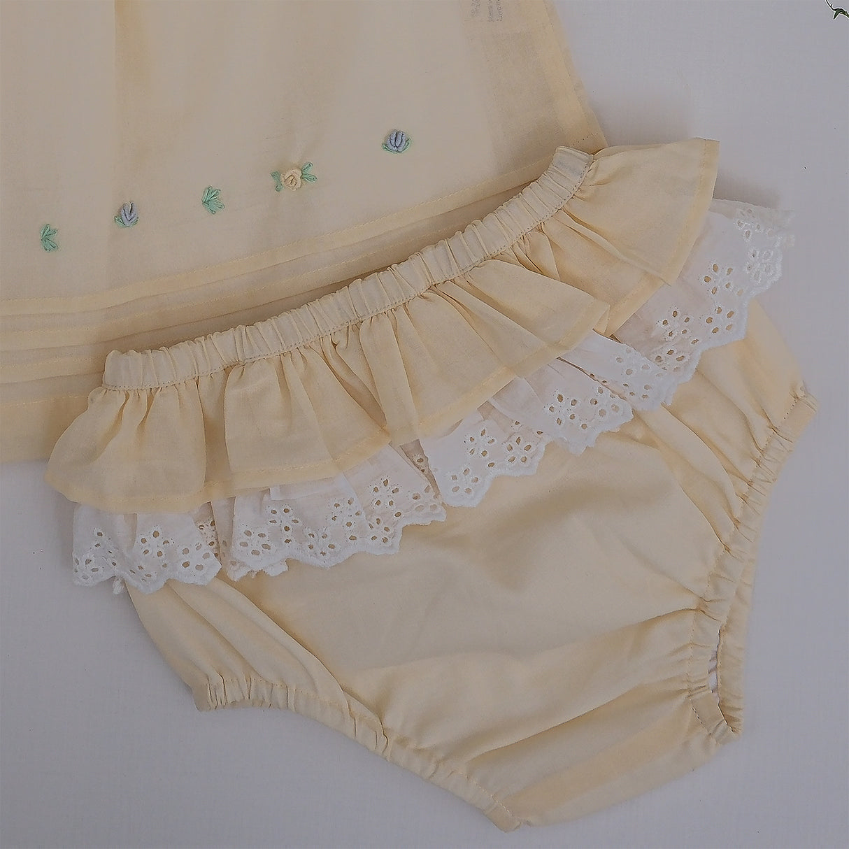 Close-up of bloomer with lace detailing and elasticated waist