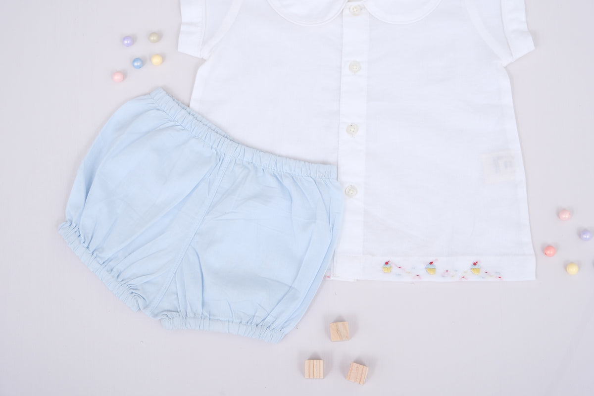 Sweet Cupcake Embroidered Collar Top with Bloomer Baby Set