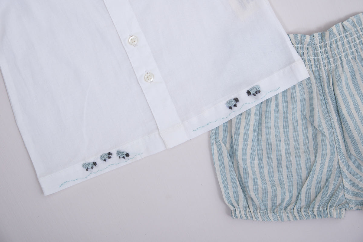Little Sheep Embroidered Collar Top with Striped Bloomer Baby Set