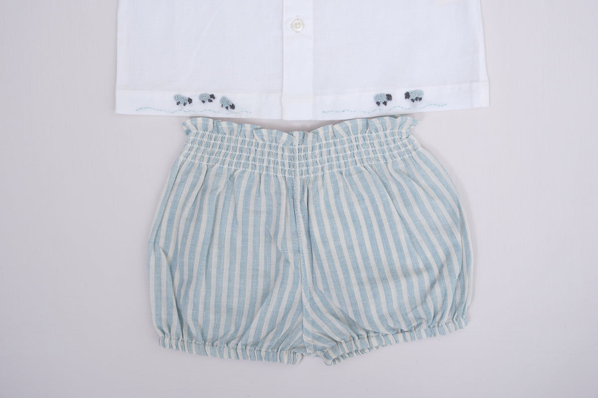 Little Sheep Embroidered Collar Top with Striped Bloomer Baby Set